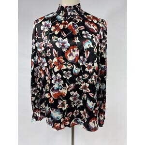 Tucker NYC Stella High Neck Silk Top Black Bright Floral Print Medium